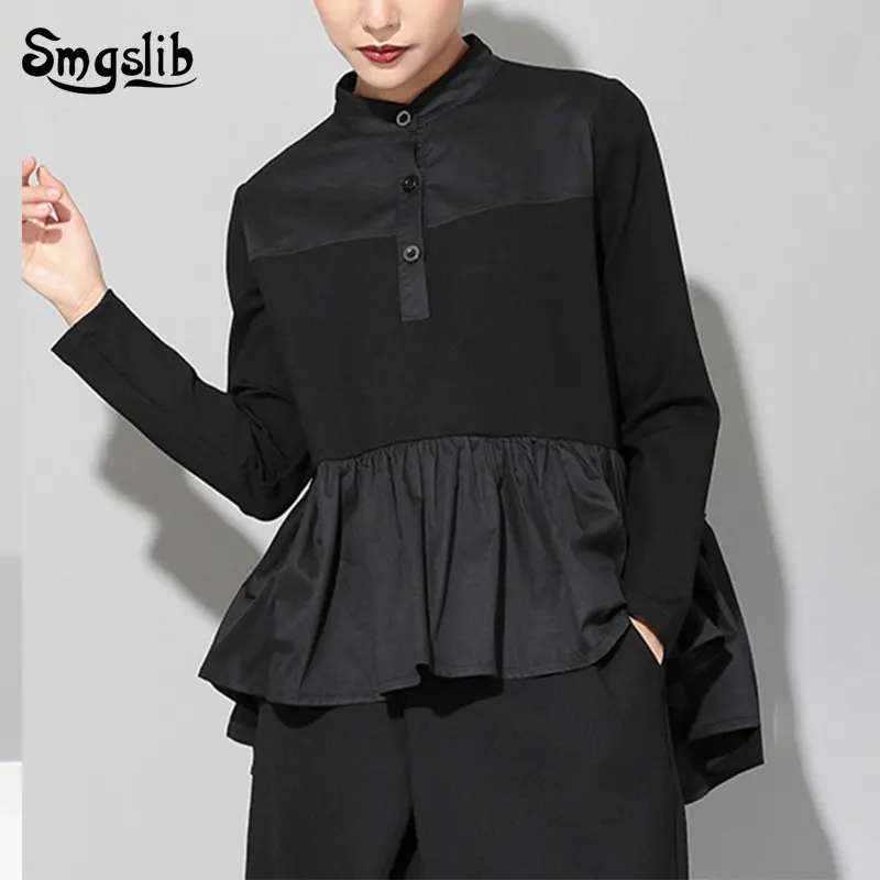 

2019 New Autumn Winter Stand Collar Long Sleeve Black Loose Hem Pleated Stitch Irregular shirt Women Fashion Tide