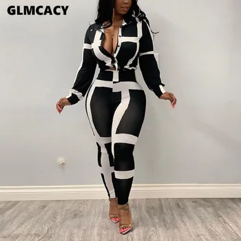 

Women Casual Turn-down Collar Striped Long Sleeve Women's Sets Streetwear Print Short Top and Ankle-length Pants Two Pieces