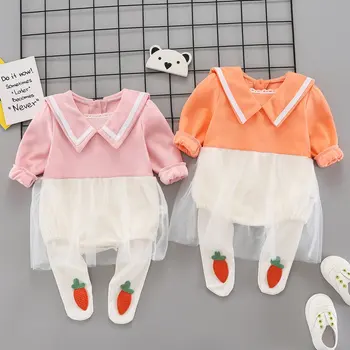 

Fall Newborn Baby Girl Clothes 2 Pcs Set Sweet Turn Down Collar Patchwork Mesh Princess Romper Dress+carrot Print Trousers 0-18M