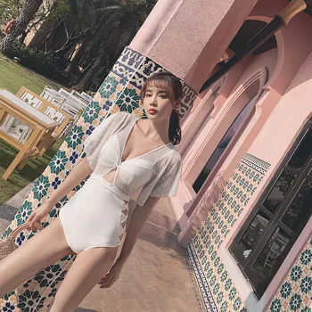 

May High Waisted Swimsuit Monokini Japanese Melting Women's Bathing Suits Woman One Piece Female Sexy Neck Pure Color Underwire