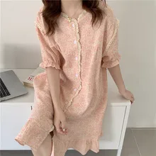 Printed Sweet Girls Long Nightdress Pink Lolita Womens Sleepshirts Vintage Nightgown Nighty Dressing Gown Sexy Palace Nightwear