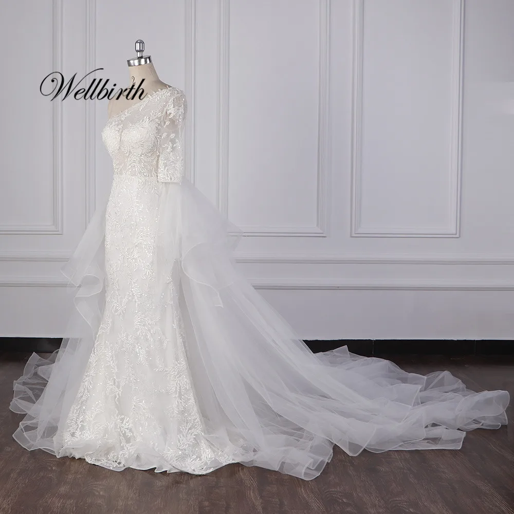 Реальное изображение Wellbirth Vestido de novia милое zippber сзади Русалка свадебное платье на одно плечо свадебное платье jc034