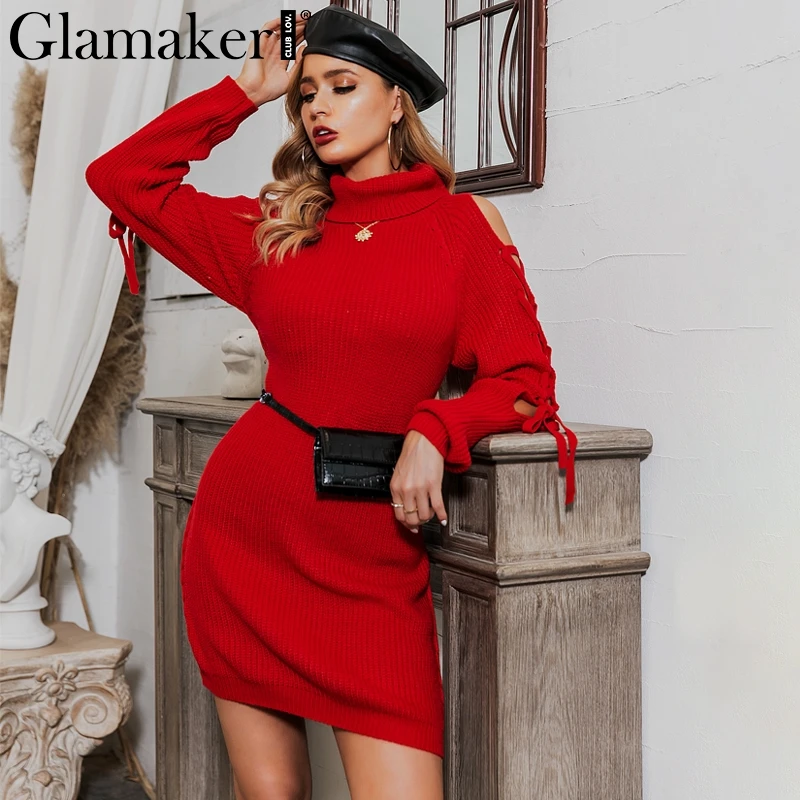 Glamaker, вязаное, на шнуровке, сексуальное платье-свитер, женское, Осеннее, элегантное, Мини Короткое платье, зимнее, с высоким воротом, с длинным рукавом, красное платье для девушек
