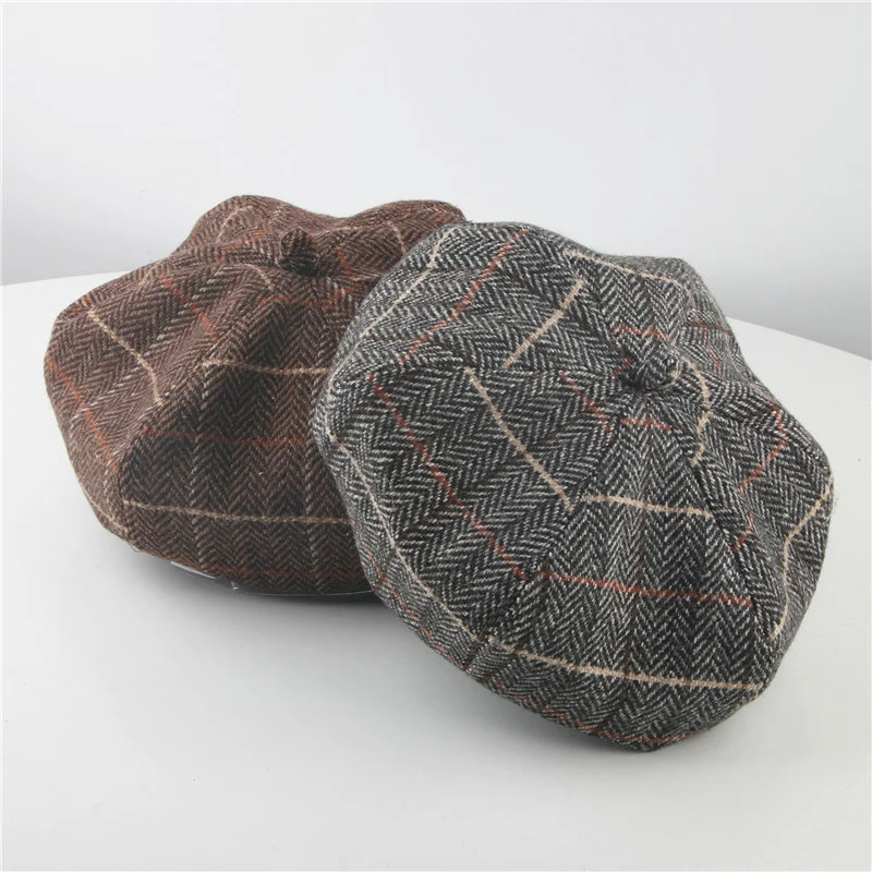 black beret hat mens Parent-child Winter Kids French Artist Warm Wool Hat For Girl Boy Children Vintage Plaid Beret Caps Beanie For Newborn Child Hat men's cotton beret hat