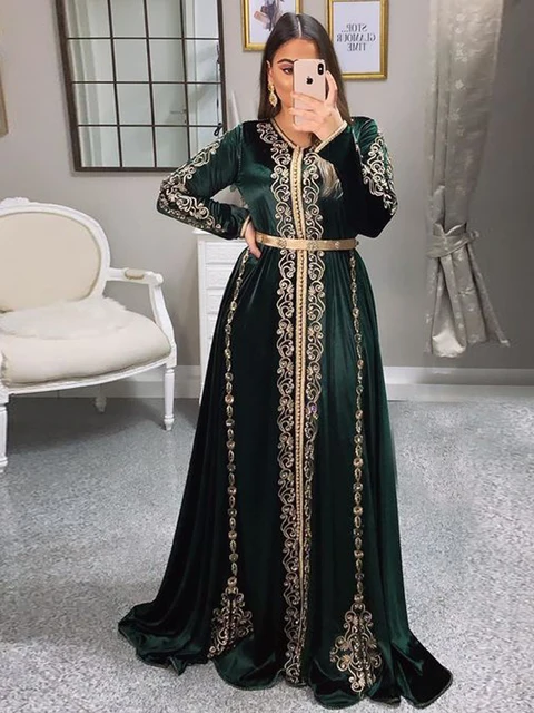 LORIE Moroccan Caftan Dark Green Evening Dresses Dubai Prom Party Gowns Formal Velvet Gold Lace Arab Princess Celebrity Dresses 2