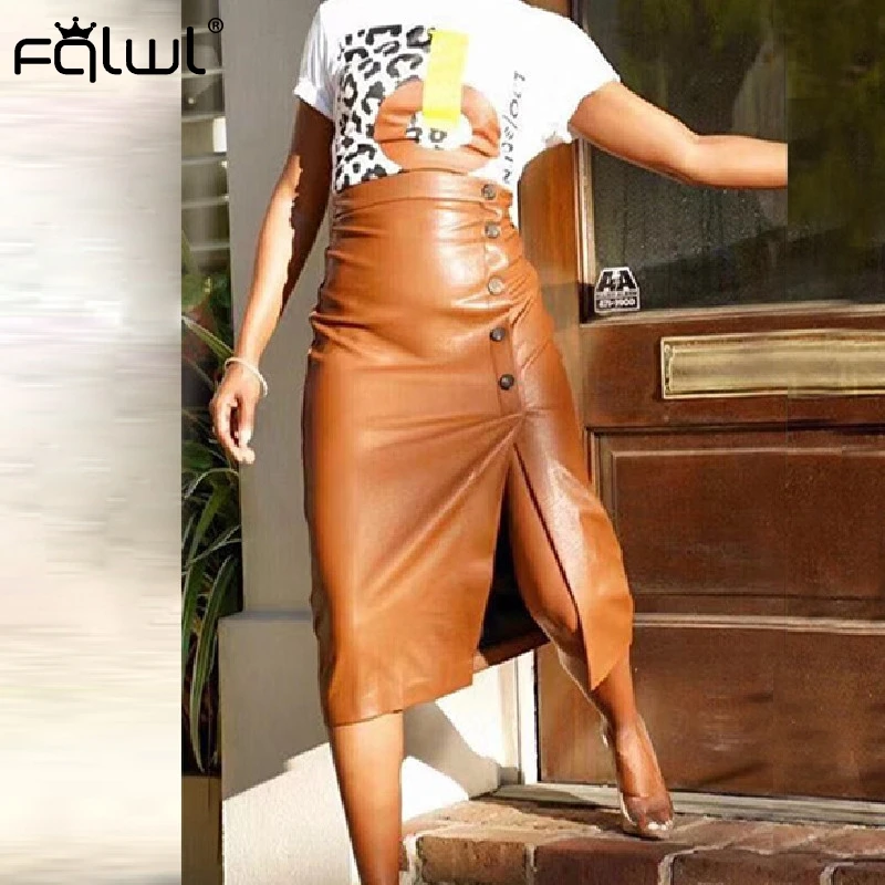 FQLWL Split Pu Leather Midi Skirts Womens Buckle Elegant Wrap High Waist Skirt Female Club Wear Party Ladies Sexy Bodycon | Женская