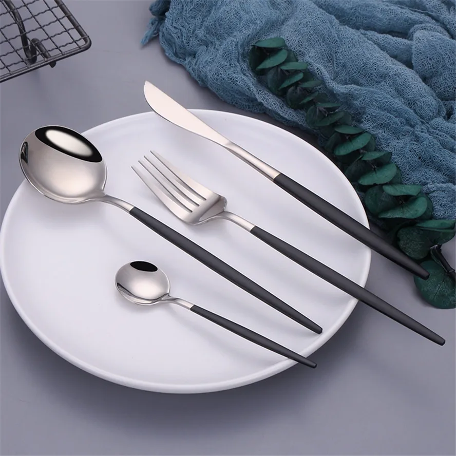 Black Silver Fork Spoon Knife Stainless Steel Cutlery Set Silverware Tableware Chopsticks Dinnerware IceTea Spoon Flatware Set cutlery set stainless steel cutlery set