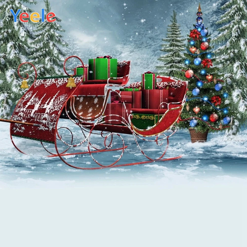 

Winter Snow Forest Cart Gift Christmas Tree Backdrop Newborn Baby Party Photography Background Photocall Vinyl For Photo Studio