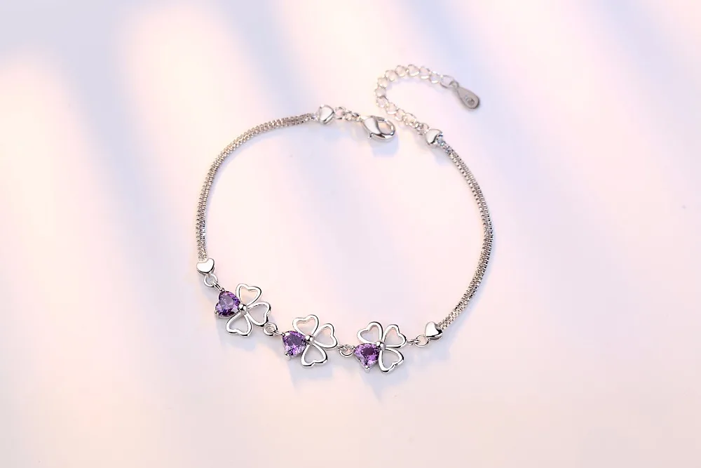 REAL 925 Sterling Silver Lucky Four Leaf Clover Charm Bracelet Purple Crystal Link Chain Bracelet for Women Original Jewelry