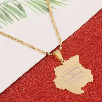 

Stainless Steel Suriname Map Flag Necklaces Gold Color Sranan Map Chian Jewelry Gifts