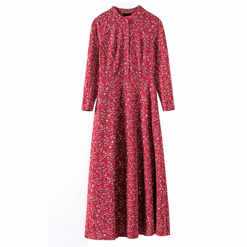 

autumn new vintage Print A-Line dress women elegant Large size S-XXXL Slim dress temperament Long sleeve Ankle-Length dress