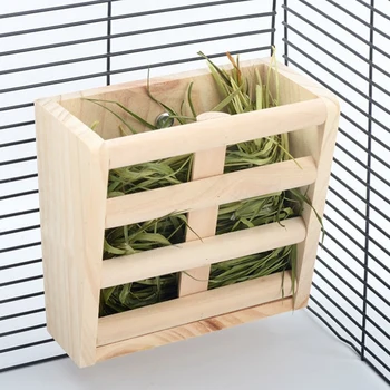 Small Animals Cage Accessories- Rabbit Hay Feeder Rack,Natural Wooden Hay Manger, Hamster Gerbil Rat Lookout Platform Sport Play 3