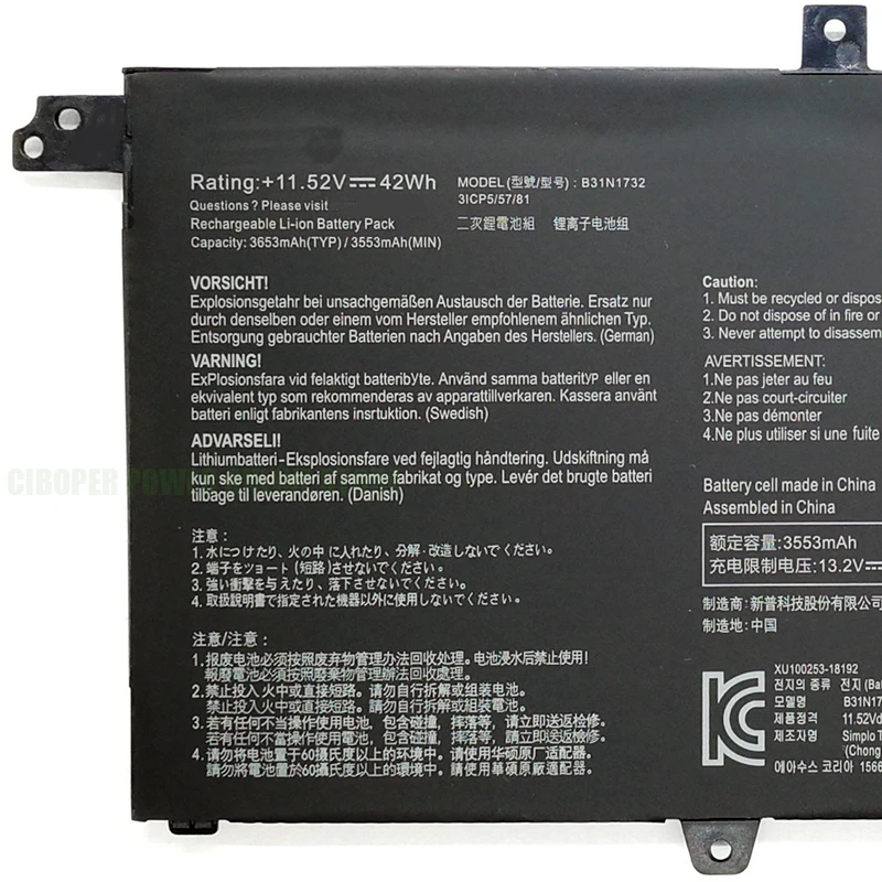 42Wh 3653mAh Para Vivobook S14 S430FA-EB021T S430UA-EB015T S4300F Mars15 VX60G