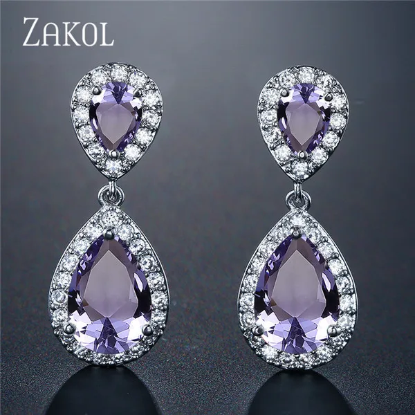 ZAKOL никель свободный моды классические в форме капли Кристалл циркония свадебные серьги для невесты украшения для Для женщин FSEP091 - Окраска металла: Purple