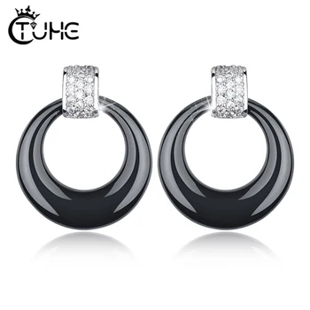 

2019 New Circle Stud Earrings Healthy Never Fade Black Ceramic Bling CZ Crystal Women Earrings for Women Chrismas Gift