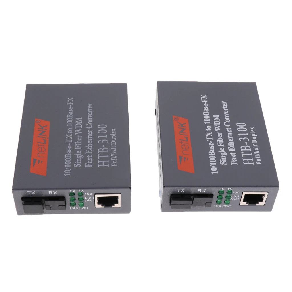 

2 Pcs HTB-3100 A/B Fiber Optical Media Converter 10/100Mbps Single Mode Single Fiber SC Port 100KM External Power Supply