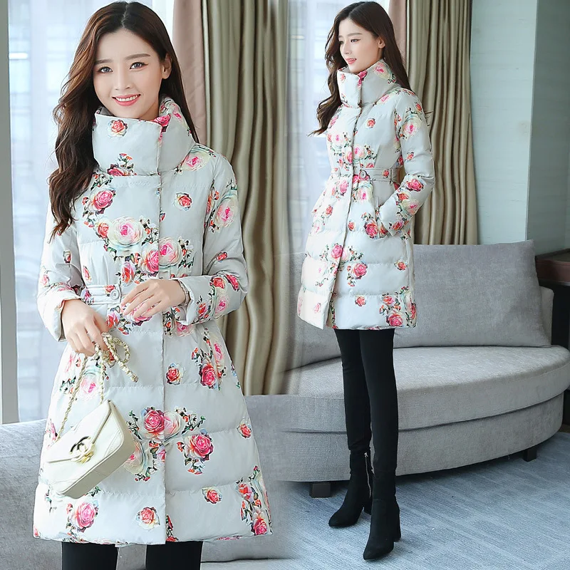 

Fashion Cotton-padded Clothes Women's 2018 New Style Korean-style Mid-length down Feather Cotton Jacket High Collar Printed Cott