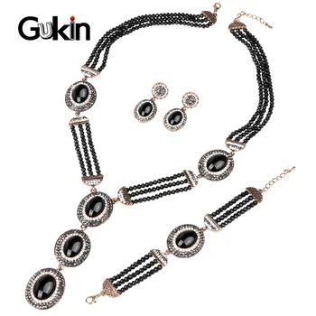 

Gukin Luxury 3pcs Black Natural Stone Indian Jewelry Sets Handmade Beaded Big Pendant Necklace Bracelets Women's Earrings Gift