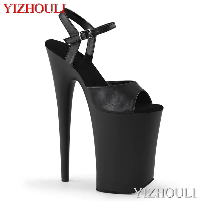 

Nightclub women's pole dancing sandals, matte black buckle boot heel 23cm, 9in model stage show heels, dancing shoes