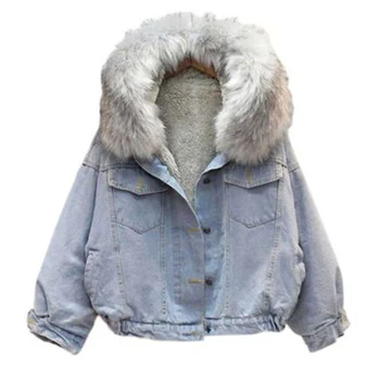 

women velvet thick denim jacket female winter big fur collar Korean locomotive lamb coat female student short coat