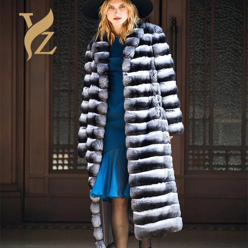 Hot Women Real Fur Coat Stand-Collar Rex Rabbit Jacket Full Pelt Fur Chinchilla Color Winter Thick Warm Women Coat
