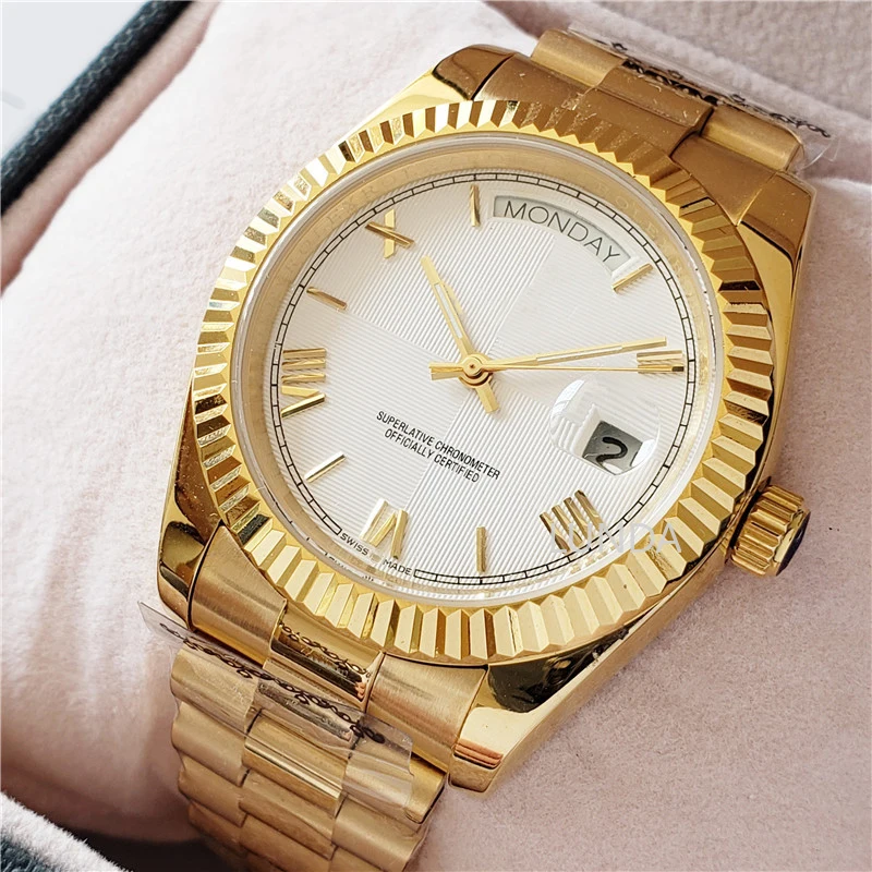 

New design RLX AAA Quality Men Watches Roman Numerals on White Dial Weekly Calendar Display Gold Watch