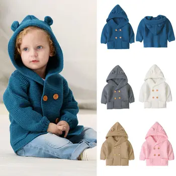 

2020 Casual Baby Girls Boys Knit Hooded Coats Autumn Winter Long Sleeve Cloak Jacket Warm Clothes Solid Pockets Overcoats 0-24M