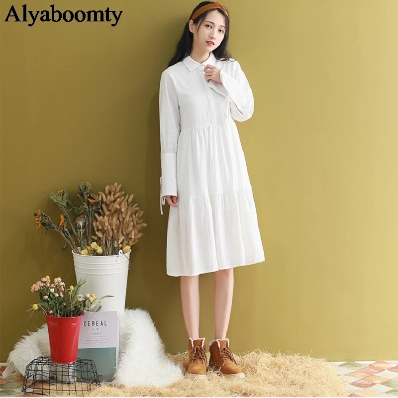 

Mori Girl Autumn Spring Women Midi Dress Turn-Down Collar White Ruffles Dress Loose Oversized Cotton Linen Sweet Bandage Dresses
