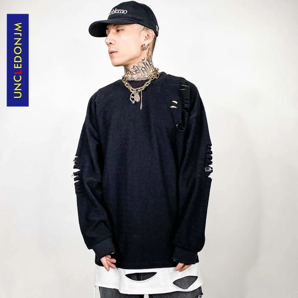 

UNCLEDONJM Pure Color Long-Sleeved T-shirt Men's Casual Distressed Bottoming Shirt Fashion Loose Top harajuku t shirts men NF45