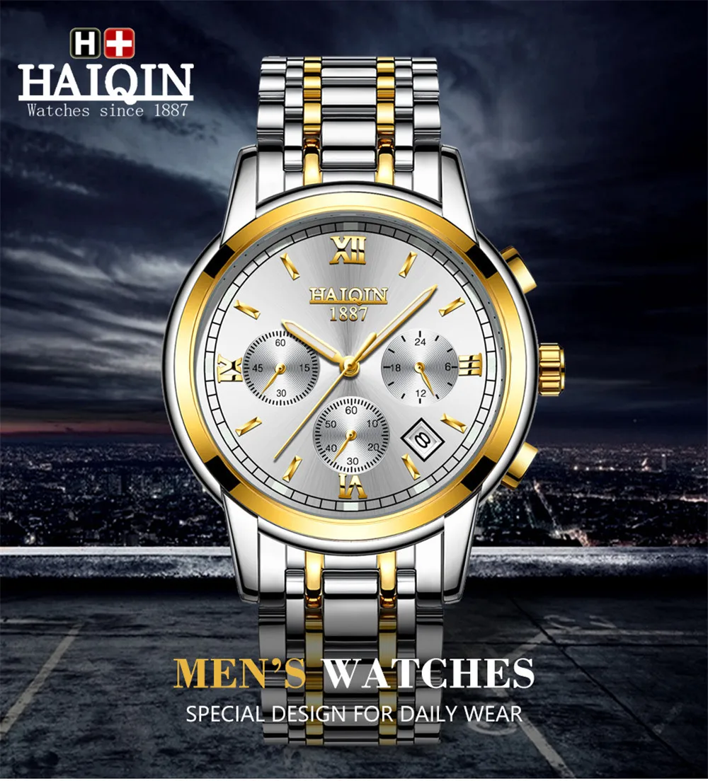HAIQIN 2019New кварцевые роскошные спортивные мужские часы из нержавеющей стали повседневные деловые модные водонепроницаемые часы с хронографом Reloj Hombre