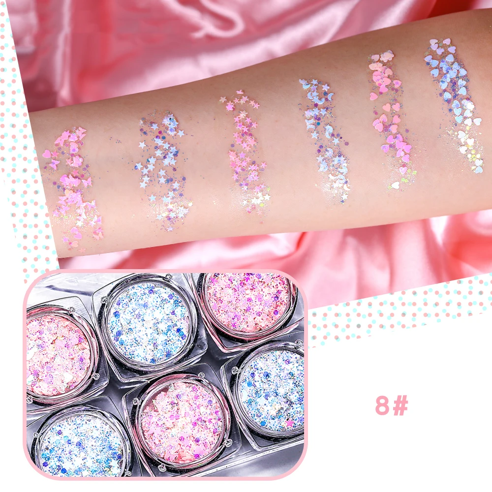 

6 Colors/Set Eyes Glitter Sequins Iridescent Flakes Shiny Gel Cosmetic Chunky Glitter for Eye Shadow Body Face Glitter Sequins