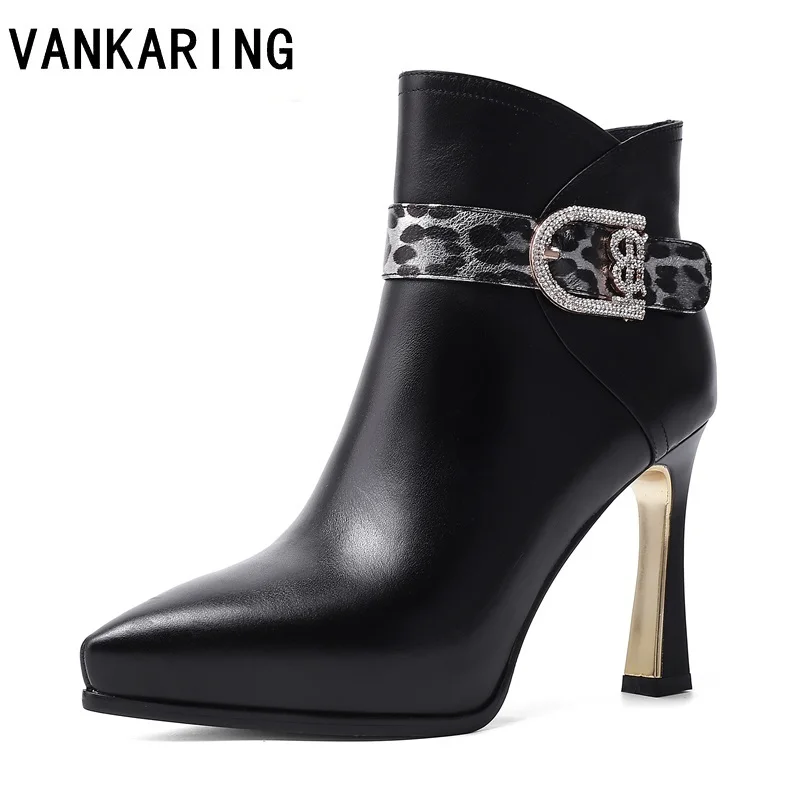 

New 2019 crystal buckle handmade genuine leather ankle boots for women pointed toe chunky high heel cowboy boots woman black