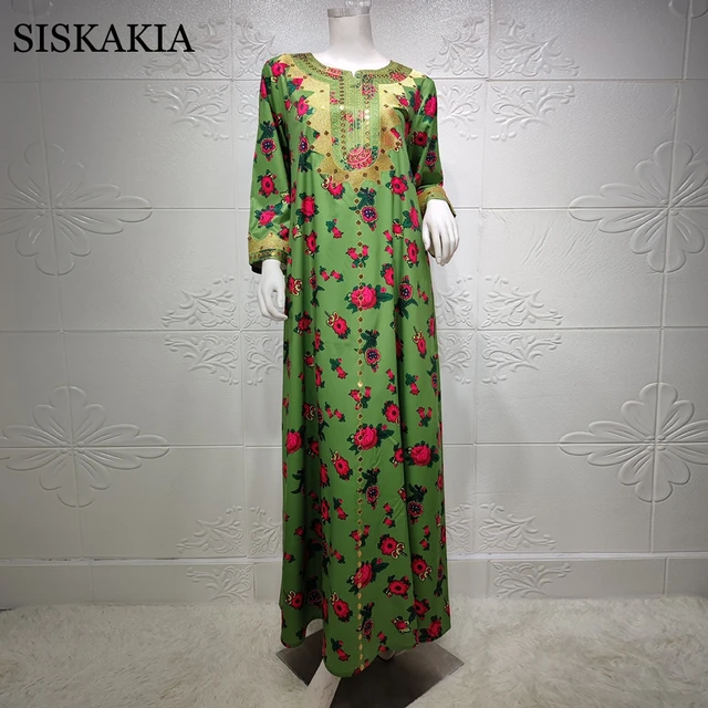 Siskakia Arabic Dubai Hijab Dress For Women Green Ramadan Eid  Jalabiya Fashion Muslim Moroccan Kaftan Turkey Islamic Clothing 5