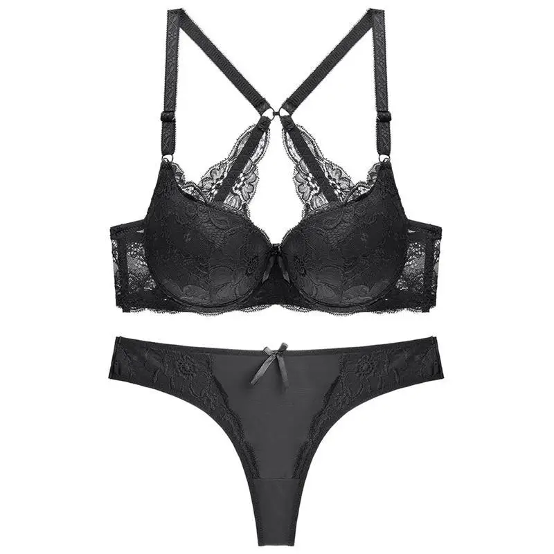 

MS Solid color sexy back bra set gather large cup side adjustment type beauty back ladies bra underwear thong underwear set