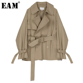 

[EAM] Loose Fit Khaki Bandage Split Joint Big Size Jacket New Lapel Long Sleeve Women Coat Fashion Tide Spring 2020 1R538