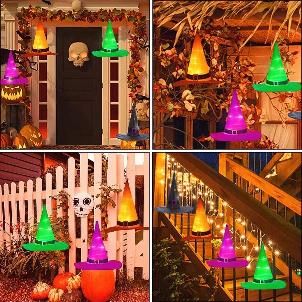 Хэллоуин украшения открытый 8 шт подвесные светильники светящиеся ведьма шляпа украшения 36ft лампочки для Хэллоуина гирлянда с батарейками