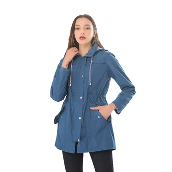 

2019 Waterproof Windbreaker Trench Coat for Women Trim Slim Autumn Hooded Drawstring Patchwork Long Coat Casual Outdoor Outwear