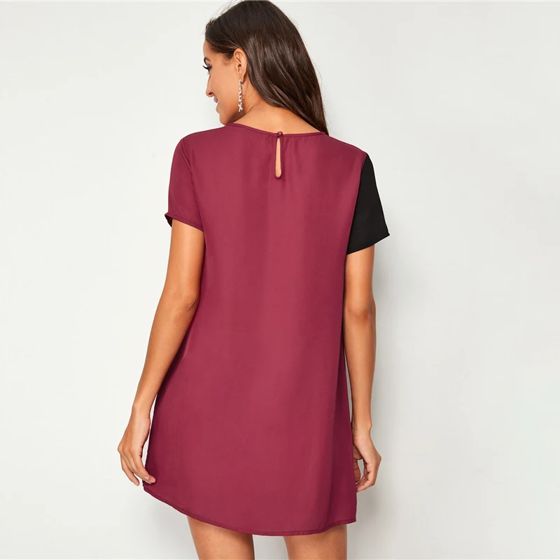 SHEIN, расшитое блестками, Colorblock(цветовой блок), туника короткое платье; Для женщин вырез на спине короткий рукав с круглым вырезом и шорты для женщин прямые свободные Повседневное платья