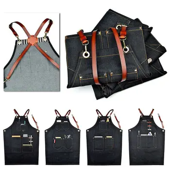 

Denim BBQ Cleaning Apron Cooking Apron Kitchen Bib Chef Florist Bartender Neutral Cowboy Antifouling Pinafore Leather Strap