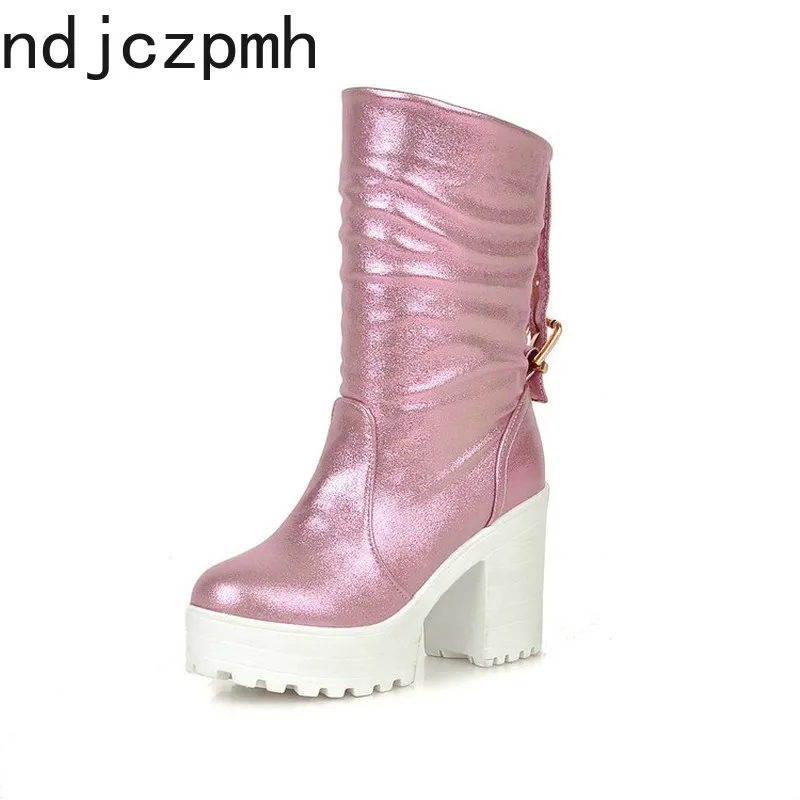 

Women's Boots The New Winter Fashion Round Head High Heel Middle Tube Martin Women Shoes Plus Size 34-46 Heel Height 9.5cm Black