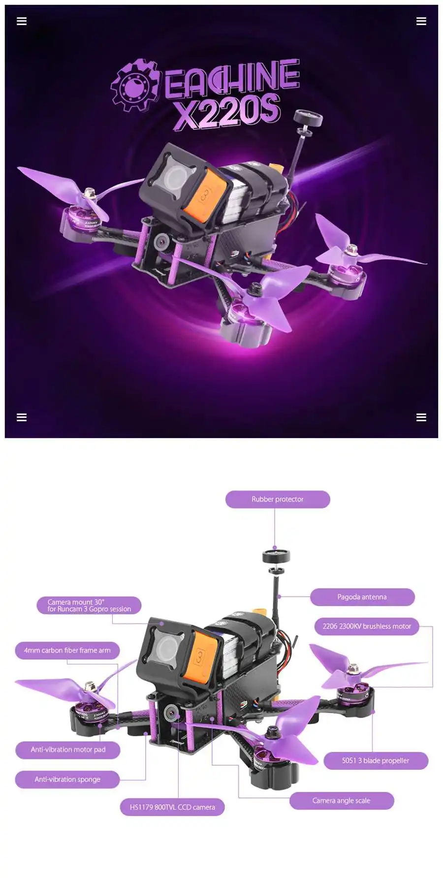 Eachine мастер X220S небольшой гоночный Дрон с видом от первого лица F4 5,8G 40CH 30A Dshot600 800TVL Flysky FS-i6X RTF