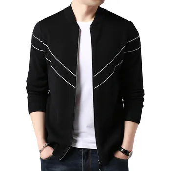 

Sweater Coat Men Autumn Winter Thick Warm Knitted Wool Cardigan Man black Streetwear Fashion Stand collar Striped Zipper Coats
