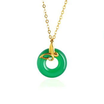 

Chinese Inlay Gold-plated Safety buckle Chalcedony Agate Pendant Necklace Accessories Jewellery Fashion Hand-Carved Woman Amulet