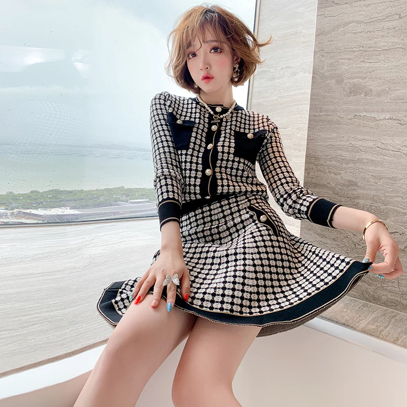 

Crop Top and Skirt Set 2020 Autumn Winter Cute Single Breasted Plaid Sweater Top + Mini Knitted Skirt 2 Piece Outfits WOmen set