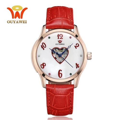 Gold Red Новые оригинальные OUYAWEI, модные повседневные женские часы, кожаные механические часы с ремешком, Скелетон, золотые, красные, женские наручные часы, Relogios - Цвет: Gold Red