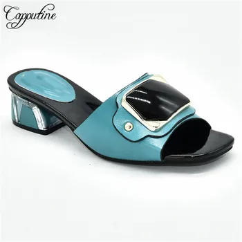 

Hot Sale Teal African Women's Slippers Nice Medium Heel Shoes 88-8 Heel Height 5CM