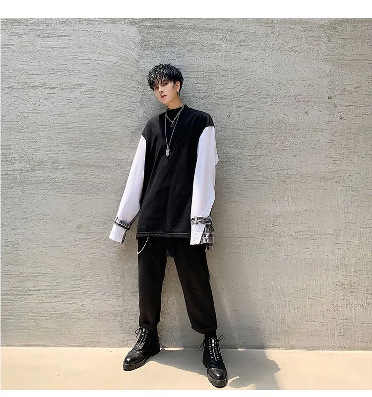 EWQ / Autumn Winter Men's Clothing Tide Personality Lattice Hit Color Patchwork Design Loose Sweatshirt For Male 19H-a213