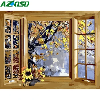 

AZQSD Oil Painting By Numbers Window Landscape Drawing On Canvas DIY Unframe Coloring By Numbers Tree Home Decoration
