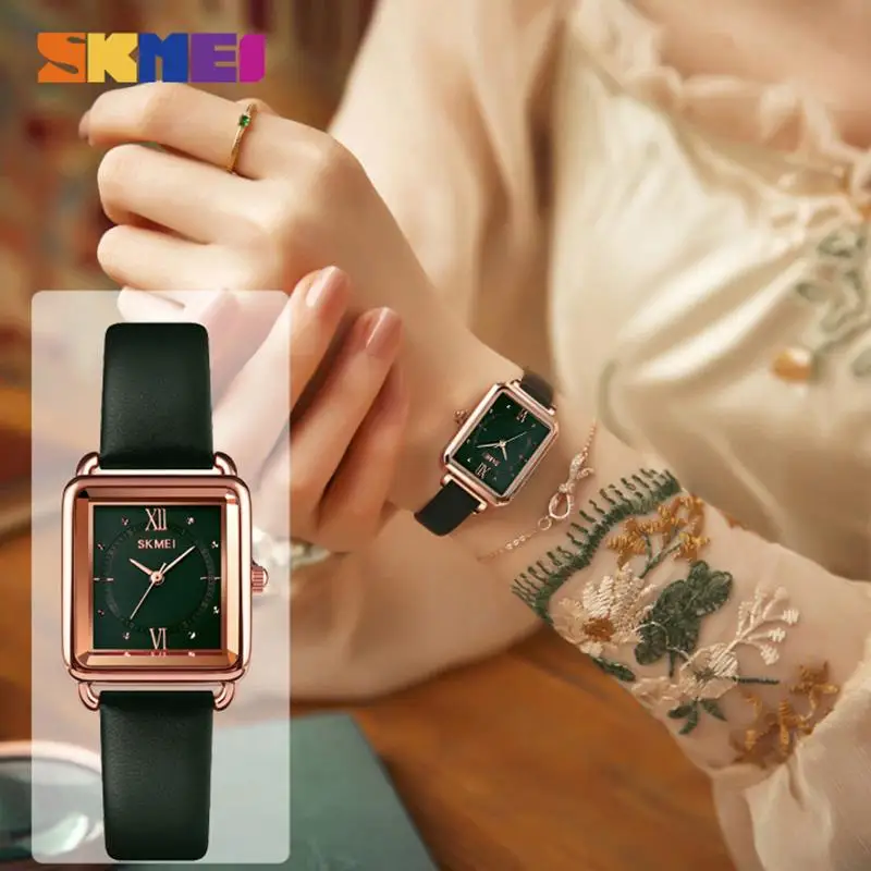 

SKMEI Fashion Green Women's Watch Rectangle Dial Quartz Ladies Watches Genuine Leather Girls Watch montre femme 2020 1702