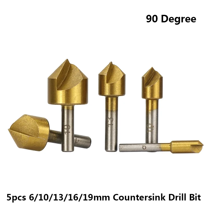 5pcs-90-Degree-6-10-13-16-19mm-Countersink-Drill-Bit-Set-Carbon-Steel-Round-Shank